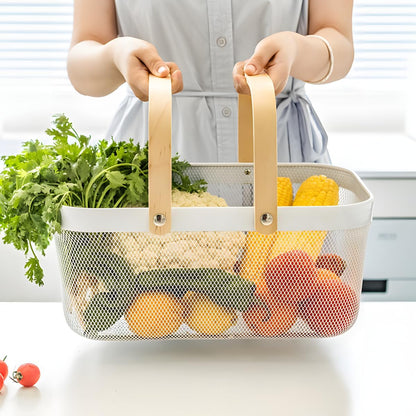 Portable Mesh Harvest Basket - Natural Bamboo Handle Foldable Organizer for Kitchen, Garden & Picnic | Ventilated Storage Bin with Rust-Proof Wire, Space-Saving Farmhouse Decor (White)