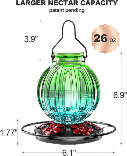 Glass Hummingbird Feeder for Outdoors Hanging, Bird Nectar Feeder with Perch & 5 Flower Feeding Ports, 26 Oz Leak Proof for Outside Garden Decor Backyard, Gifts for Women Mom, Green & Blue