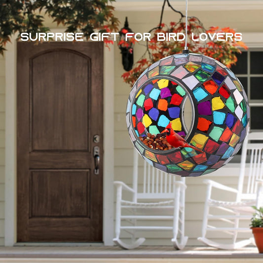 Yinns Mosaic Bird Feeder, Hanging Glass Birds Feeder, Fly Through Bird Feeder with Oval Stained Glass, Outdoor Garden Decor, 6.5 inch Purple