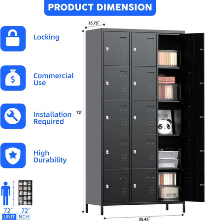 METAN Metal Locker for School Office Gym Bedroom, 15 Doors Black Steel Storage Locker Cabinet for Employees, Industrial Storage Locker, Assembly Required (15 Door-Black)
