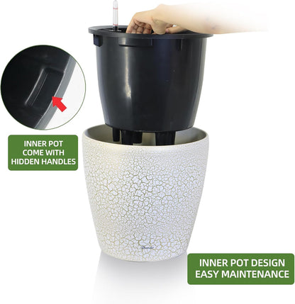 Dexceder 18x17 Self Watering Planter with Wheels Indoor Outdoor, Inner Pot Design, Thickened Large Floor Standing Flower Plant Pot with Water Level Indicator (White Gold Crackle)
