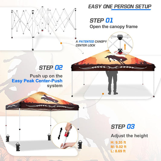 EAGLE PEAK Pop Up Canopy Tent with Wheeled Carry Bag, 8 Stakes, 4 Ropes, 4 Weight Bags, Easy Set Up Tent Canopy, 10x10 ft, 100sqft of Shade, Cowboy