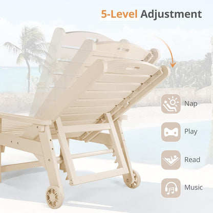 LUE BONA Chaise Lounge Chairs Set with Table, 6-Piece, 79'' Oversized HDPS Chaise Lounger, 5 Positions Adjustable Patio Lounge Chairs, Pool Lounge Chair with Wheels for Poolside, 3-Year Warranty, Sand