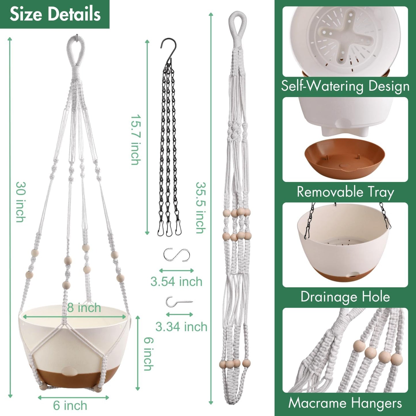 Set of 2-8 Inch Hanging Planters for Indoor Plants with Self-Watering Includes Hanging Pots for Plants, Outdoor Plant Pot with Drainage, and 2 Types of Hanging Baskets Hangers (White)