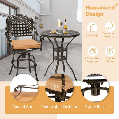 3-Piece Patio Swivel Bar Set, High Top Bar Table & Chairs, All-Weather Cast Aluminum Swivel Bar Stools (2) & 31" Table, Patio Bistro Set for Garden