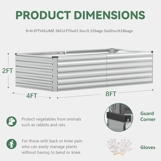 FOOWIN 2pcs 8x4x2ft Galvanized Raised Garden Bed, Planter Raised Garden Boxes Outdoor, Large Metal Raised Beds for Gardening, Garden Bed for Vegetables, Flowers, Herb,478 Gallon Capacity, Silver