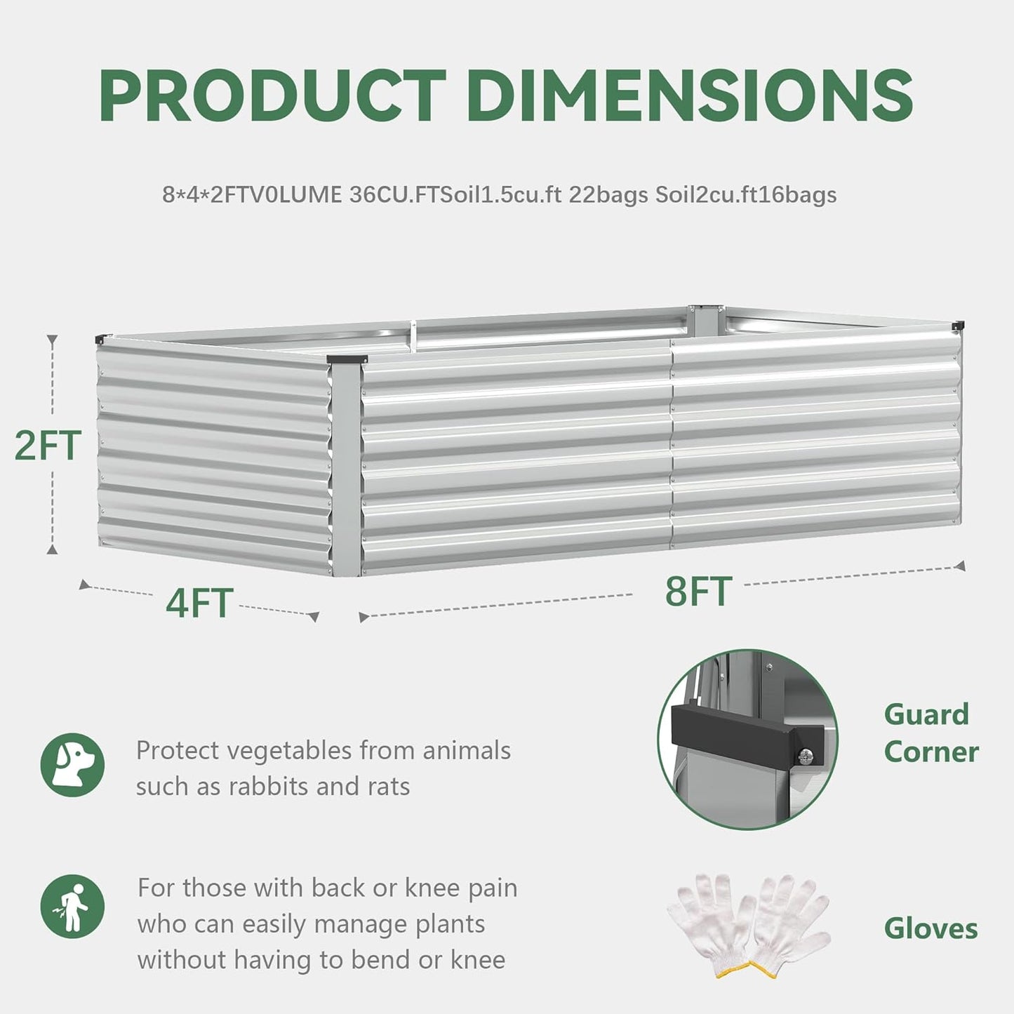 FOOWIN 8x4x2ft Galvanized Raised Garden Bed, Planter Raised Garden Boxes Outdoor, Large Metal Raised Beds for Gardening, Garden Bed for Vegetables, Flowers, Herb,478 Gallon Capacity, Silver