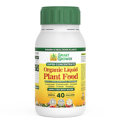 Organic Liquid Plant Food for Indoor Plants & Gardens, Natural NPK Fertilizer w/Beneficial Microbes, Rapid Results, Vegan, Best Value Super Concentrate, Smart Grower, Makes 40 Gallons (8 Fl Oz)