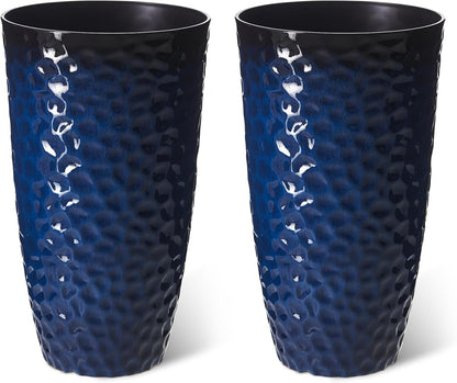 Glitzhome 23.75" H Oversized Tall Planter,Modern Set of 2 Honeycomb Textured Gradient Cobalt Blue Round Garden Plant Pots with Drainage Holes Flower Containers for Indoor Outdoor,Front Porch,Patio