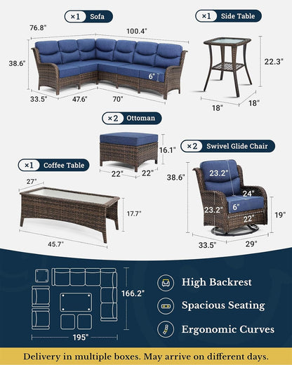HILLGA Luxury Patio Furniture Set with 6-inch Thick Cushion, Outdoor Sectional Sofa and High Back Swivel Rocker Patio Chairs, 7PCS Wicker Conversation Set for Deck Yard and Pool, Blue (V2)