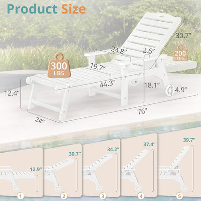 LUE BONA Outdoor Chaise Lounge Chairs Set of 2, 79'' Oversized HDPS Chaise Lounger, 5 Positions Adjustable Lounge Chairs, Pool Lounge Chair with Wheels for Poolside, 3 Year Warranty, White
