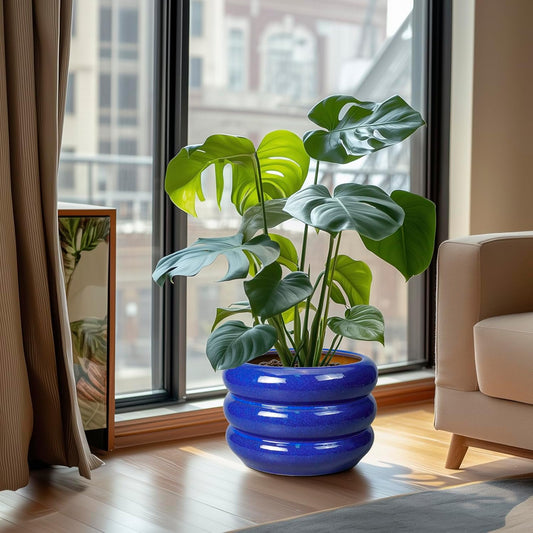SQOWL Ceramic Plant Pot - 10 Inch Planter for Outdoor Plants Indoor Plant Pot with Drainage Hole Large Planter Decorative Modern Flower Pot for Home Office Decor Blue