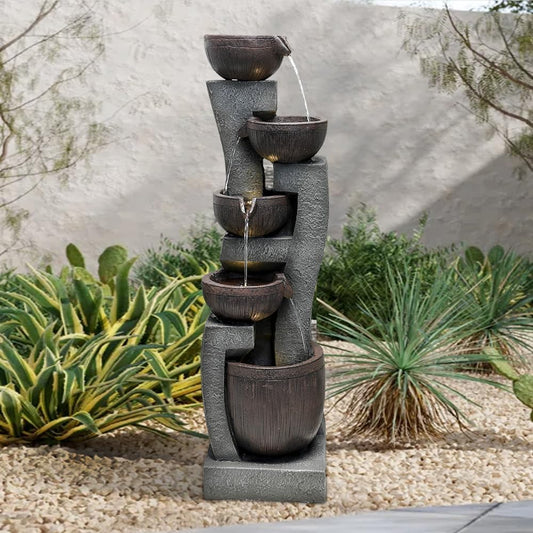 SunJet 43.7" Indoor/Outdoor Modern Water Fountain - 5-Tiers Garden Cascading Fountain with Lights & Pump - Curve Shape Floor-Standing Waterfall Feature for Home Deck, Patio, Porch, Yard Decor
