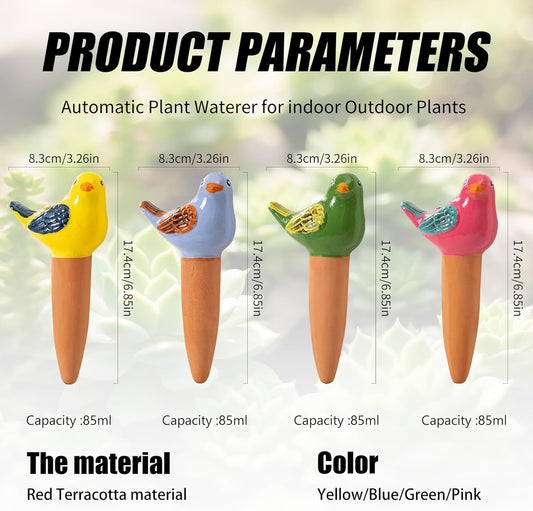 4 Pack Self Watering Bird Shaped Globes, Terracotta Vacation Planters Devices with Slow Release Automatic Watering Spikes, Plant Watering Pots for Indoor and Outdoor Potted Plant
