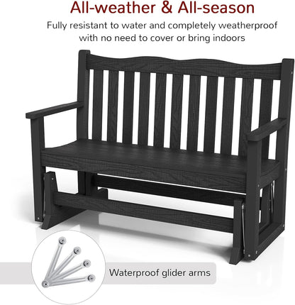 Stoog Outdoor Glider, All-Weather HIPS 2 Person Patio Glider Bench with 800 lbs Weight Capacity, Never Fade or Rot, for Garden, Backyard, Porch, and Deck, Black