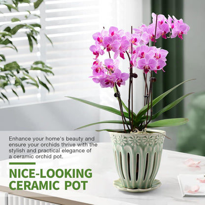 5" Ceramic Orchid Pots with Holes | Crackle Glazed Orchid Pot with Drainage and Separate Saucer | Ideal Plant Pot for Repotting Orchids and Other Flowers(Green)