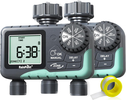 RAINPOINT 2 Zone Sprinkler Timer - 2pcs Water Timer for Garden Hose with Rain Delay/Manual Watering/Automatic Irrigation for Yard Lawn