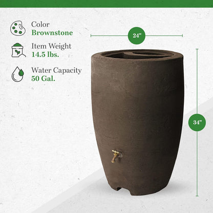Algreen Athena 50 Gallon Plastic Outdoor Rain Barrel with Brass Spigot, Screen Guard for Rain Water Collection and Storage, Brown (2 Pack)