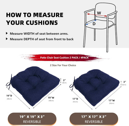 RACE LEAF Outdoor Seat Cushions Set of 2, 19" x 19" Square Patio Cushions, Plump Filling Tufted Water-Resistant Olefin Chair Seat Cushion with Ties for Non-Slip Support, Navy