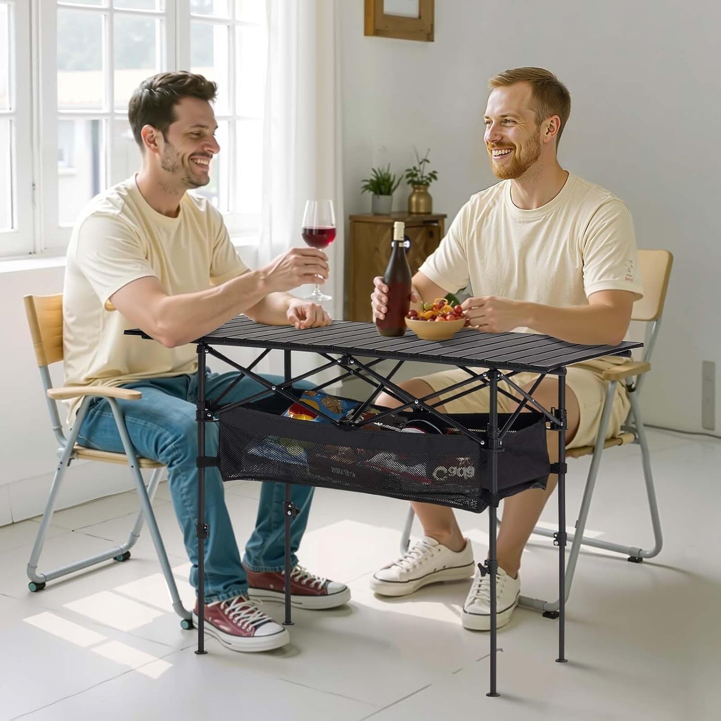 VEVOR Folding Camping Table, Portable Roll Up Side Tables, Lightweight Aluminum Beach Table with Adjustable Height, for Outdoor BBQ Tailgating Picnic, Travel (47 inch-Black)
