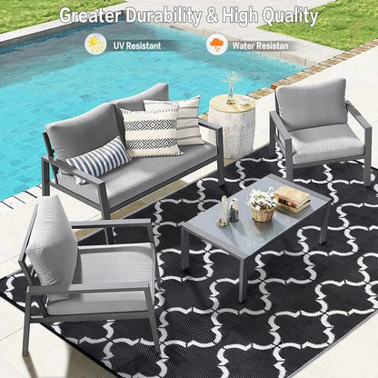 Outdoor Plastic Straw Rug, Waterproof Mat, Washable Large Floor Mat and Rug for Outdoors, RV, Beach, Patio, Camping, Backyard, Deck, Picnic, Indoor Outside (5x8ft,Lantern/Black&White)