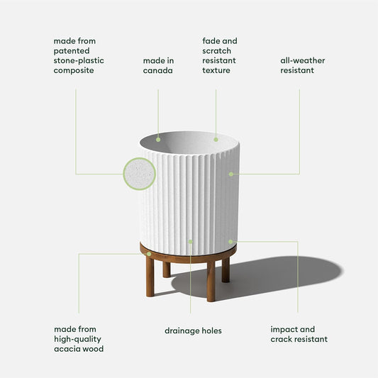 Veradek Demi Series Round Planter w/ Stand for Porch/Patio | Durable Plastic-Concrete & Wooden Stand | Modern Décor for Tall Plants, Flowers