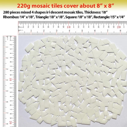 Iridescent White Glass Mosaic Tiles for Crafts, 280 Pcs Mixed 4 Shapes Stained Glass Sheets, Mosaic Kit for Adults Kids, Supplies for Mosaics