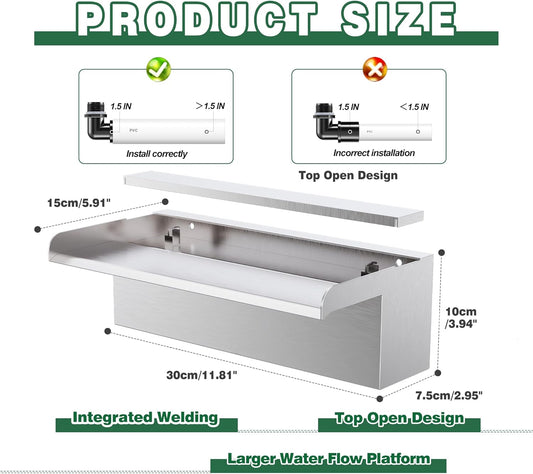 Waterfall Pool Fountain LONGRUNNEW 304 Stainless Steel 11.8" Rectangular Waterfall Spillway, Water Fall Fountain with Pipe Connector for Garden Outdoor, Swimming Pools, Fountains, Pond and Spa