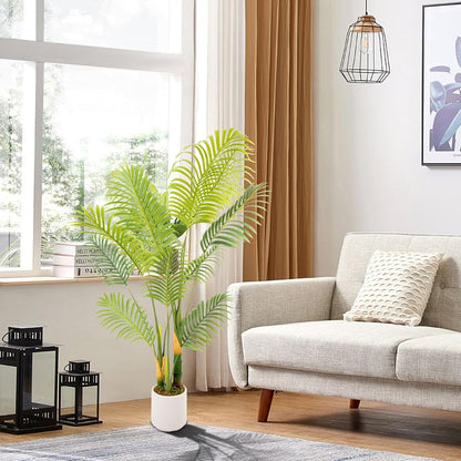 Artificial Fake Palm Tree 5FT 1Pack with White Planter & Free Moss, UV Resistant Artificial Palm Tree for Outdoors, Fake Plants for Poolside Home Room Decor, Faux Plants Outdoor Decor