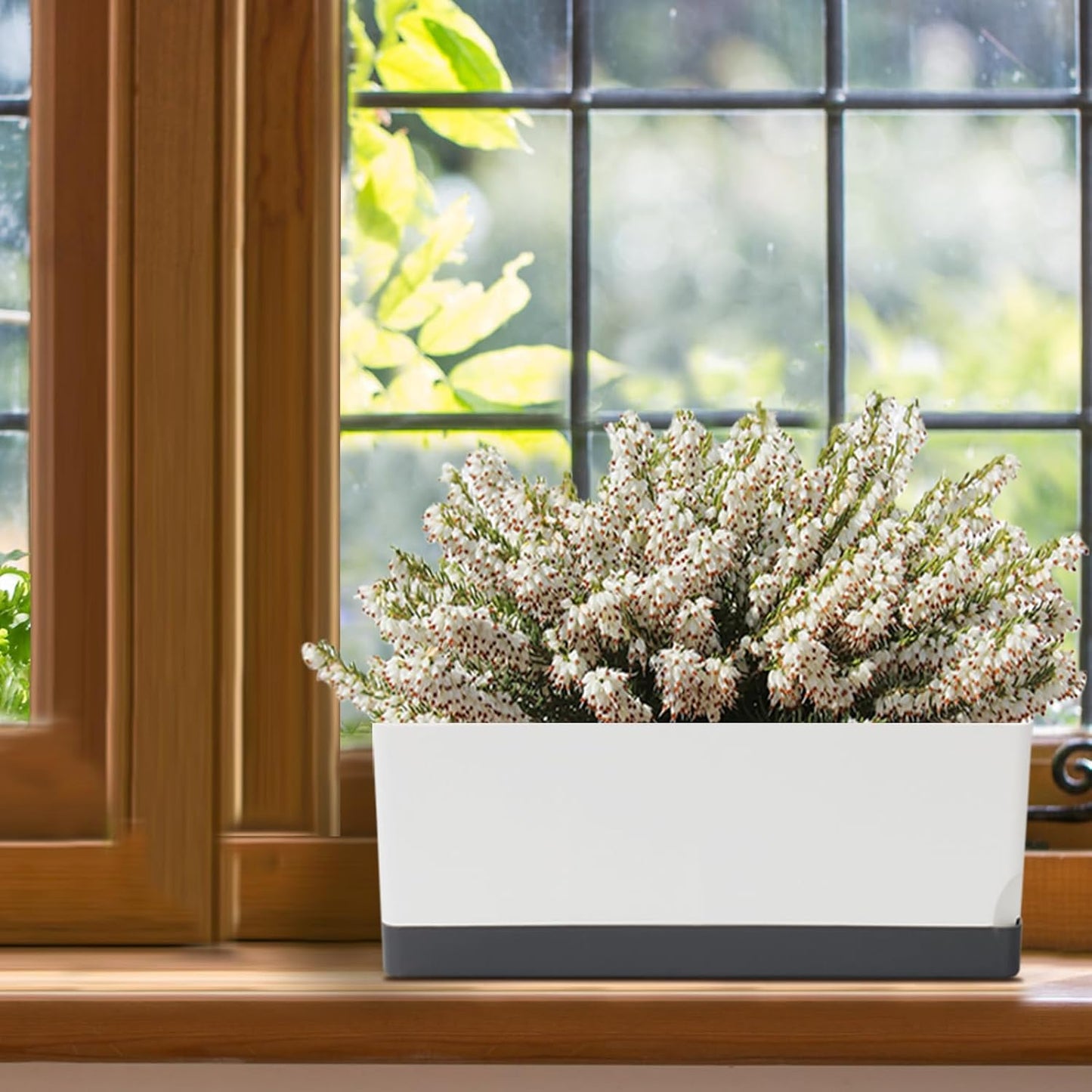 Self Watering Planters Pots for Indoor Plants, 2 Pack 17 Inch Plastic Planter Box Flower Pots for Indoor Outdoor Plants, Rectangle Herb Planter Window Boxes Planters with Drainage, Dark Gray Tray