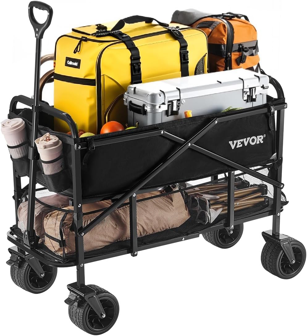 VEVOR 400L/450lbs Large Collapsible Double Decker Wagon, Foldable Heavy Duty Beach Wagon Cart with Big Wheels for Sand, Folding Utility Sports Cart for Camping Garden