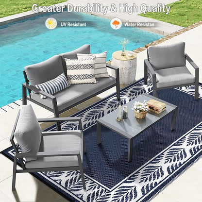 Outdoor Plastic Straw Rug, Waterproof Mat, Washable Large Floor Mat and Rug for Outdoors, RV, Beach, Patio, Camping, Backyard, Deck, Picnic, Outside (5x8ft,Olive-Leaf/Dark Blue&White)
