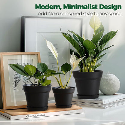 T4U 5 Inch Plant Pot 8-Pack, Plastic Pots with Drainage Hole and Saucer, Decorative Flower Pots Bulk for African Violet, Snake Plant, Succulent and All House Plants Indoor (8pcs 5" Pots, Black)