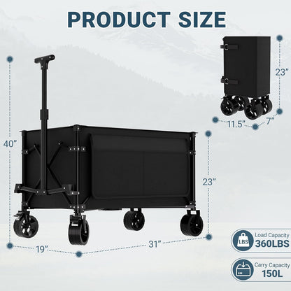 Favoyard Collapsible Wagon Carts Foldable 150L & 360LBS Folding Wagons w/All-Terrain Wheels & Brakes Portable Lightweight Utility Shopping Cart for Beach Grocery Sports Garden Camping Outdoor, Black