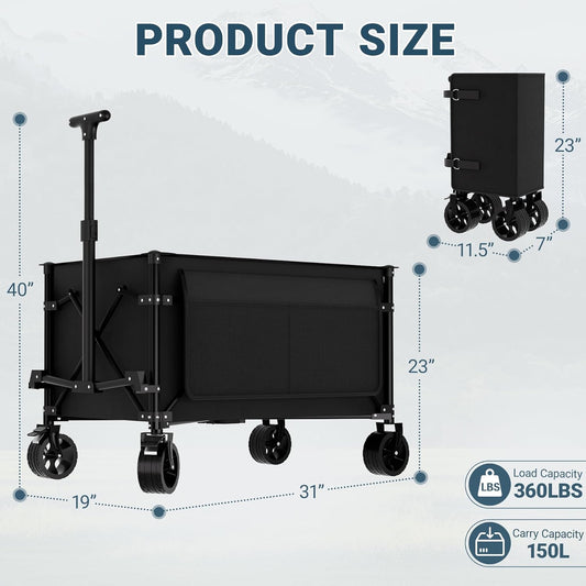 Favoyard Collapsible Wagon Carts Foldable 150L & 360LBS Folding Wagons w/All-Terrain Wheels & Brakes Portable Lightweight Utility Shopping Cart for Beach Grocery Sports Garden Camping Outdoor, Black