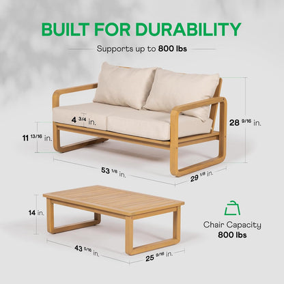 Idzo Ivy Loveseat with Coffee Table – Beige Fabric, 2-Seater Outdoor Sofa Set for Balcony, Patio or Garden – Stylish Love Seat Couches for Small Spaces
