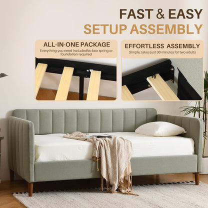 YUHUASHI Twin Size Upholstered Daybed with Wood Slat Support, Daybed Frame for Living Room, Bedroom, Guest Room, No Box Spring Needed (Light Green, Twin)