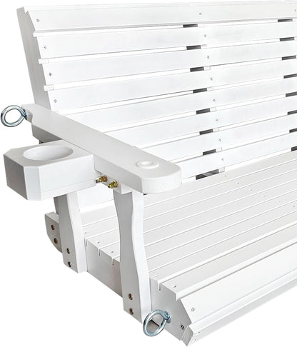 Wooden Porch Swing 3-Seater, High Backrest and Deep Seat, Bench Swing with Cupholders, Hanging Chains and 7mm Springs, Heavy Duty 880 LBS, for Outdoor Patio Garden (Pure White, 5 FT Extra Large)