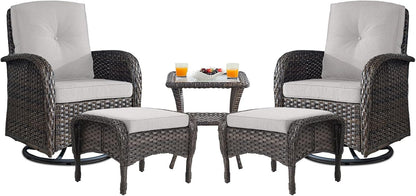 Small Conversation Sets Patio Funiture - 5 Piece Outdoor Swivel Rocker Wicker Furniture Sets with Ottomans Side Table Perfect for Patio Deck Backyard, Brown Wicker Beige Cushion
