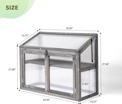 VINGLI Cold Frame Greenhouse, Mini Wooden Green House with Flip-Top Roof, Raised Flower Planter Shelf, Small Lockable Wood Cabinet for Plants Indoor Outdoor (Grey, 35.43" x 14.37" x 27.36")