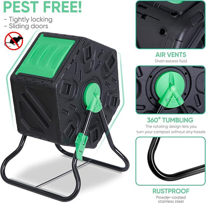 F2C 18.5 Gallon Compost Tumbler Compost Bin All-Season Outdoor BPA Free Single Rotating Chamber Composters w/ 2 Sliding Doors and Solid Steel Frame