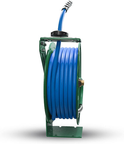 Auto Retractable Water Hose Reel with Hot & Cold Water Rubber Garden Hose, Spray Nozzle - Ultra Light, Super Strong with 6' Lead-in Hose (5/8” x 50’ Green)