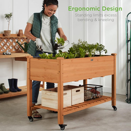 Best Choice Products Raised Garden Bed 48x24x32-inch Mobile Elevated Wood Planter w/Lockable Wheels, Storage Shelf, Protective Liner - Acorn Brown