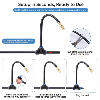 360° Automatic Drip Irrigation Kit - 5/16'' Tubing, Adjustable Universal Spray Nozzle, Copper Atomizing System for Garden/Lawn/Greenhouse - Multi-Directional Rotation, Quick Connectors, 49FT