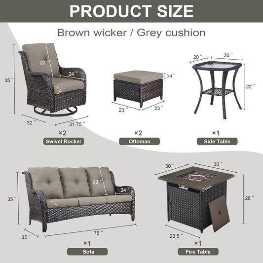 Outdoor Patio Furniture Set with 50000BTU Propane Fire Pit Table, 7 Pieces Wicker Patio Conversation Set with 2 Swivel Glider Rocker Chair Rattan Sofa Grey Cushion Perfect for Casual Gathering