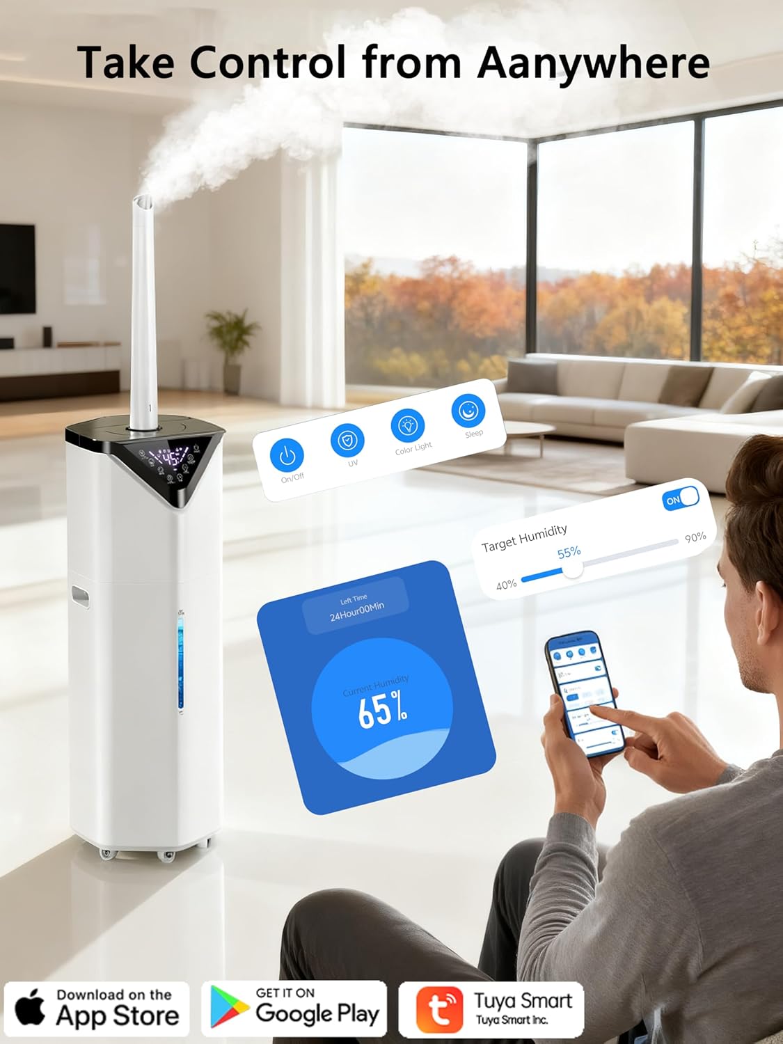 5Gal Smart Humidifier Large Room up to 2800ft², 1000mL/h, APP & Remote Control, 180° Auto Rotating Nozzle, 24H Timer, 60H Supersized Cool Mist Humidifiers for Whole House Home Bedroom Office Plants