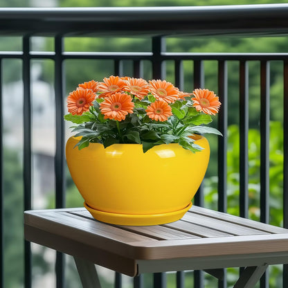 Indoor Planter 11 Inch - Decorative Mid-Century Large Ceramic Plant Pot for Outdoor Plants with Drainage Hole and Saucer, Home Balcony House Garden Patio Office Room Decor, Yellow