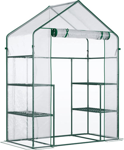 Outsunny 5' x 2.5' x 6.5' Mini Walk-in Greenhouse Kit, Portable Green House with 3 Tier Shelves, Roll-Up Door, and Weatherized Plastic Cover for Backyard Garden, Clear