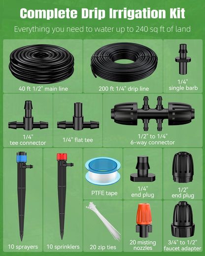 Pawfly 240 ft Drip Irrigation System for Garden, Drip Irrigation Kit with 40ft 1/2" & 200ft 1/4" Tubing Adjustable Emitters Fittings and Accessories, Garden Watering System for Greenhouse Lawn Yard
