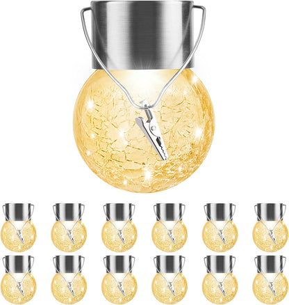 Solar Outdoor Lights Decorative 12 Pack, Hanging Solar Garden Lights Waterproof, Solar Powered Globe Cracked Glass Ball Lantern for Yard Patio Fence Tree Umbrella Holiday Decoration, Warm White